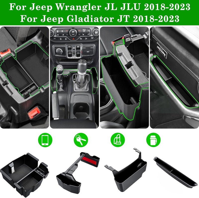Eamplest 4PCS Center Console Organizer for 2018-2022 2023 Jeep Wrangler JL JLU and Gladiator JT Accessories Gear Shift Side Tray Organizer,Hanging Armrest Storage Box (Not for JK/JKU) - Image 2